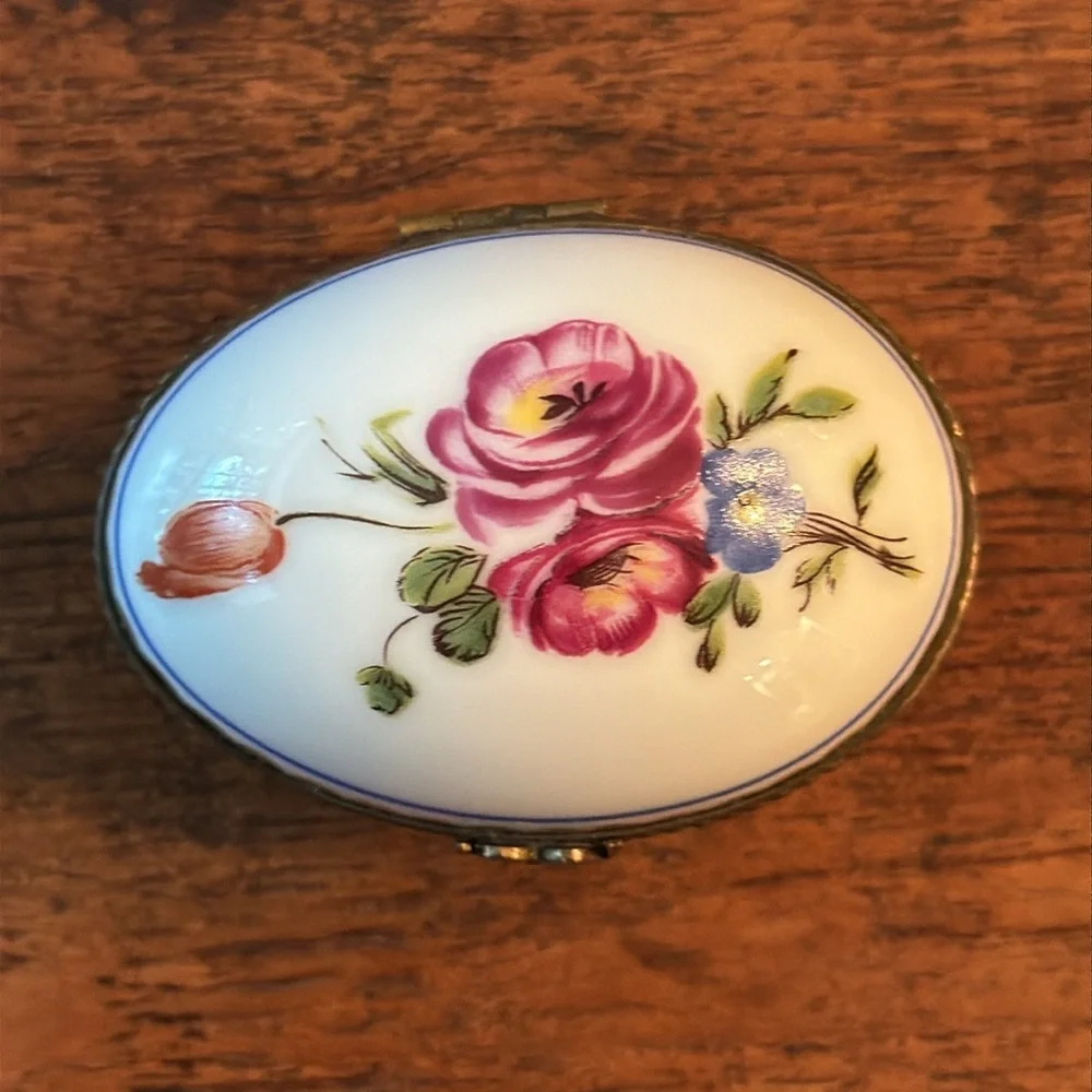 Limoges France Floral Porcelain Hinged Egg Shaped Trinket Box - Picture 2 of 13